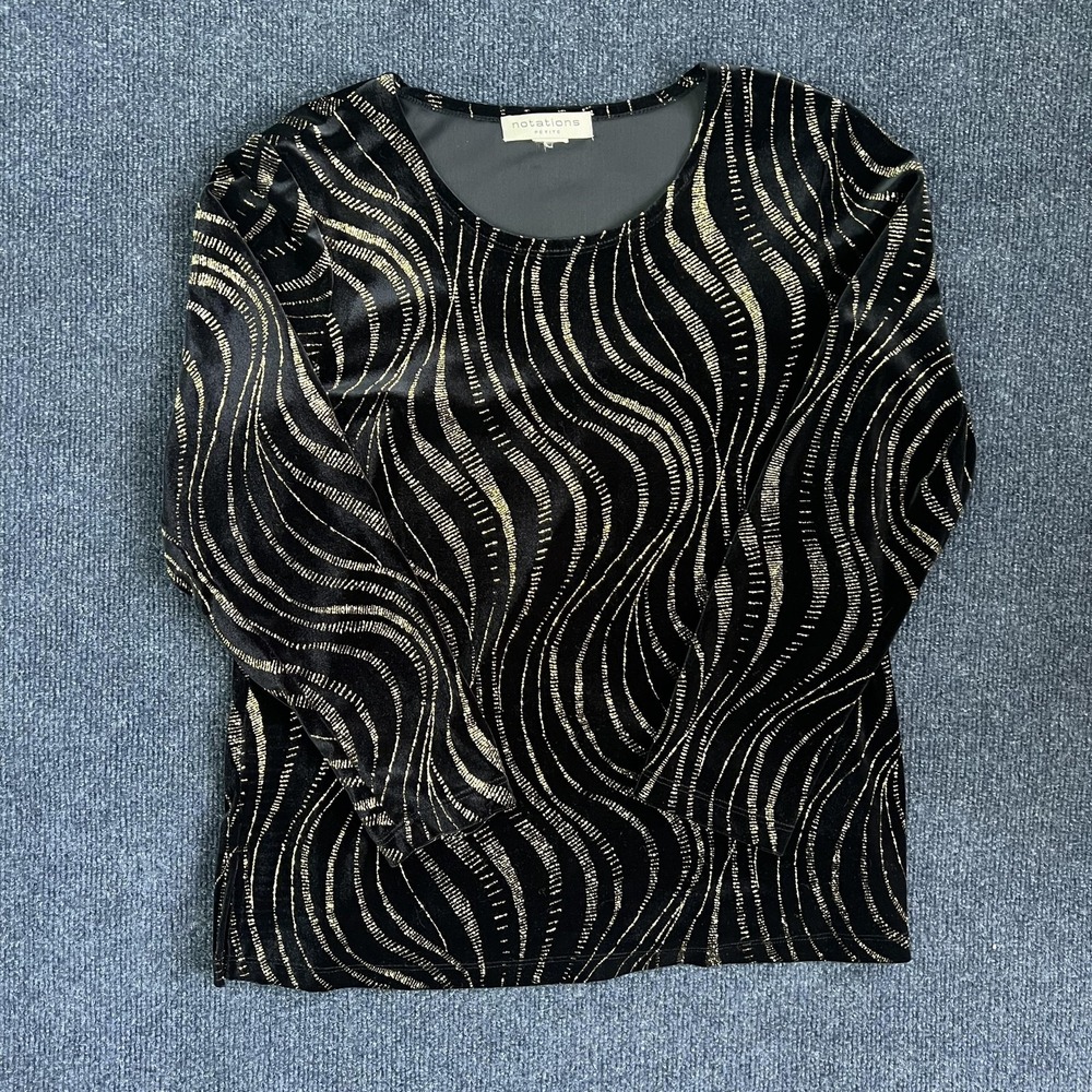 Notations Blouse‎ Womens XL Petite Black Gold Metallic Velvet 3/4 Sleeve Top